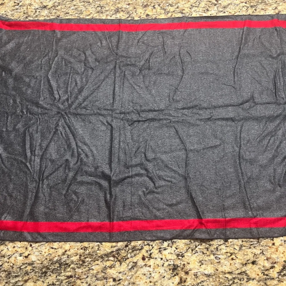Reversible Cashmere Scarf Red Charcoal Gray Border Stripe Eyelash Fringe Wrap